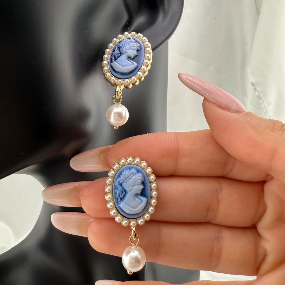 Anthropologie Blue Cameo Pearl Drop Earrings